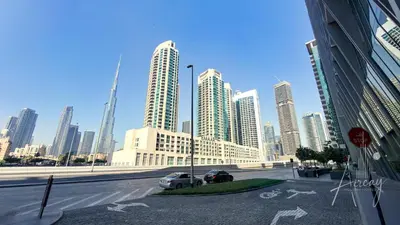 a view of a city with tall buildings at Sleek & Glam Downtown Studio Near Burj Khalifa in Dubai