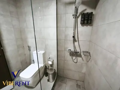 a small bathroom with a shower with a toilet at Supreme joy in Arjan 1 BHK in Dubai