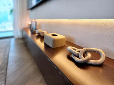 a wooden counter with a group of objects on it at SOLARTE Luxe - LIV Marina - Premium 2BR Residence in Dubai