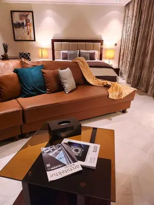 a cat laying on a couch in a living room at Ramadan Staycay King suite sunset stay sauna beachfront tennis pool and 24h security in Dubai