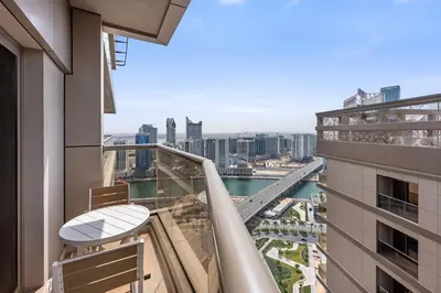 a balcony of a building with a view of the city at Full burj Khalifa view chic Studio in Dubai