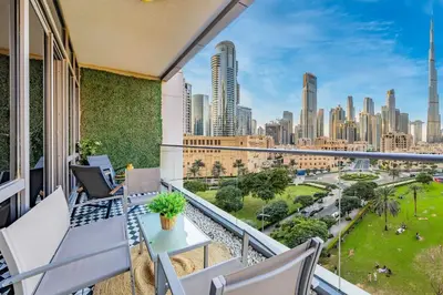 a balcony with a view of the city at South Ridge By Luxe Living - Full Burj Khalifa View in Dubai