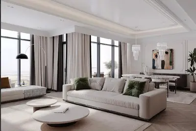 a white living room with a couch and a table at Luxurious 3br apartment Dubai mall in Dubai