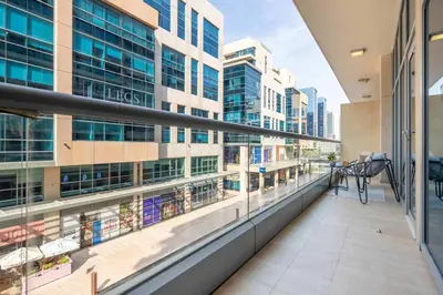 a balcony with a view of a building at Frank Porter - Bay Square in Dubai