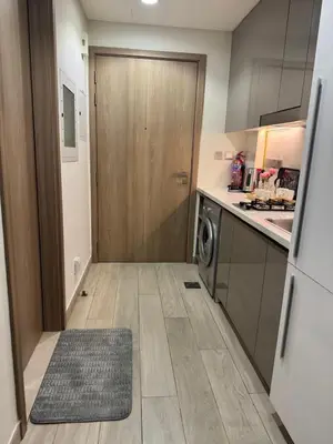 a small kitchen with a door and a washer at Sophisticated Studio Designer Interiors in Dubai
