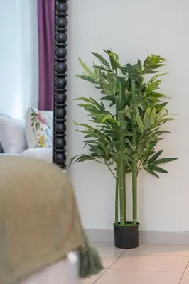 a potted plant sitting on a floor next to a mirror at Nivis find- Bay square -1 BHK in Dubai