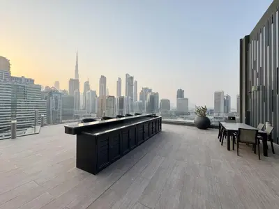 a balcony with a view of a city skyline at Premium 15 Northside Residences in Business Bay, Close to Downtown Dubai & Burj Khalifa by Stayfinity in Dubai