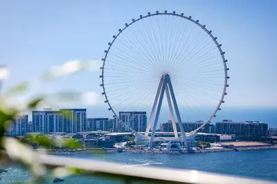 a large ferris wheel in front of a city at La Vie Apartments in Dubai