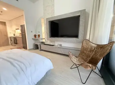 a bedroom with a tv and a chair and a bed at Nature luxe estudio Dubai in Dubai
