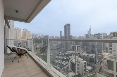 a balcony with a view of a city at Chic 2BHK Retreat with Marina Views by Czechin in Dubai