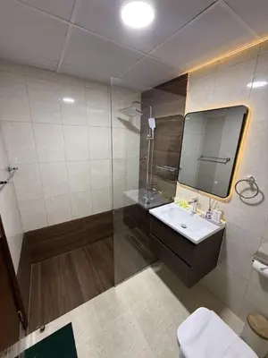 a bathroom with a shower and a sink and a mirror at Aesthetic Feel with Lake View in Dubai