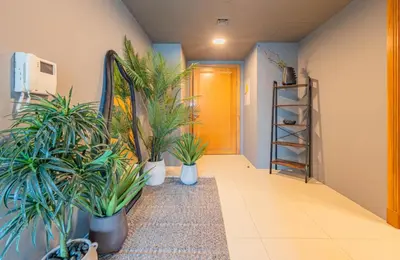 a hallway with potted plants in front of a door at Stylish Two-BHK Apartment - Iris Blue, Marsa Dubai in Dubai