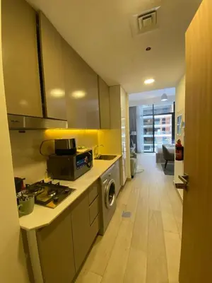 a kitchen with a stove and a washing machine at Studio Apartment with Pool and Gym Access in Dubai