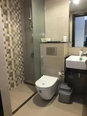 a bathroom with a toilet and a sink at Charming Studio Apartment in Jadaf in Dubai