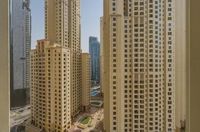 an aerial view of a city with tall buildings at Beachfront Studio JBR - Murjan 2 by Home Of Choice in Dubai