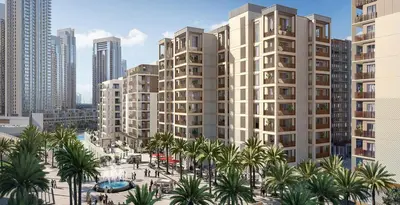 an aerial view of a city with palm trees and buildings at Luxury 1BR I Creek Beach I Pool & Beach in Dubai