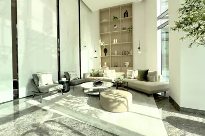 a living room with white furniture and a large window at Modern 1 Bed Apartment with full Dubai Marina view in Dubai
