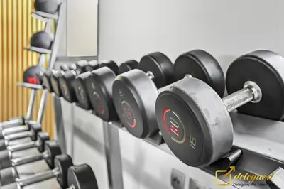 a row of dumbbells on a rack in a gym at Stylish Studio with City Views in Dubai Hills in Dubai