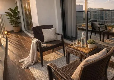 a balcony with chairs and a table on a building at Stylish & Cozy 2BR Apartment in Liwan 2 in Dubai