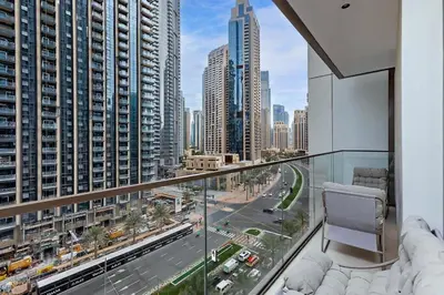 a balcony with a view of a city at Luxury 2BR Burj Crown Stay Downtown in Dubai