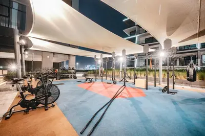 a gym with bikes on display in a building at StayShort - 1 Bedroom Sleeps 2 with City Views in Business Bay in Dubai