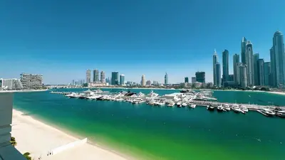 a group of boats docked at a marina with a city at 2 Bedroom Apartment in Emaar Beachfront with Palm and Marina Views in Dubai
