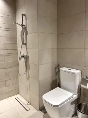 a bathroom with a toilet and a shower at Modern Japanese and Arabic Fusion City Stay that is 10 min from Dubai Mall in Dubai
