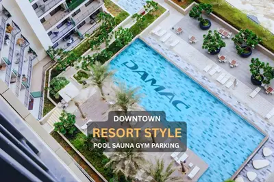 an overhead view of a resort style pool at a resort at 4 Person - Resort Canal View - CBD Parking Pool in Dubai