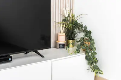 a tv sitting on top of a white cabinet with plants at Burj Vista Modern Comfort - 1BR with Pool, Gym and Scenic views in Dubai