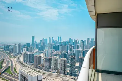 an aerial view of a city from an airplane at Luxury Escapes Premium 1BR - Paramount Tower Business Bay in Dubai