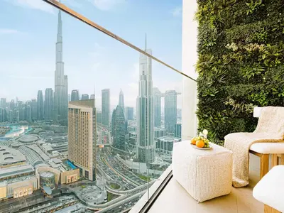 a balcony with a view of a city at Downtown Views Suites by Prestige Nest in Dubai