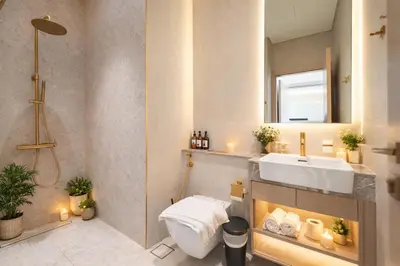 a bathroom with a sink and a mirror at High-Floor Apartment with Balcony Pool in Dubai
