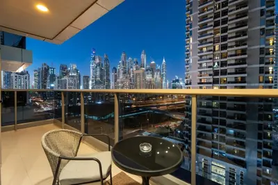 a balcony with a view of a city skyline at GuestReady - 1BR | JLT Apt near Metro Station in Dubai