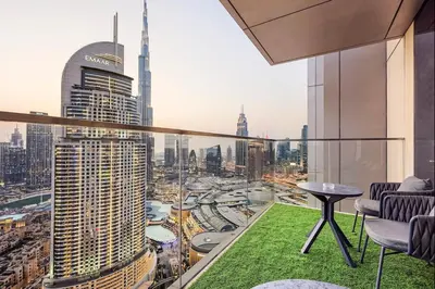 a room with a view of a city at Keylid Stunning3BR and Maid connected to Dubai Mall in Dubai