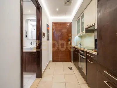 a kitchen with a sink and a wooden door at Zapbed Stylish Studio Boulevard Central 2 Down Town Dubai in Dubai