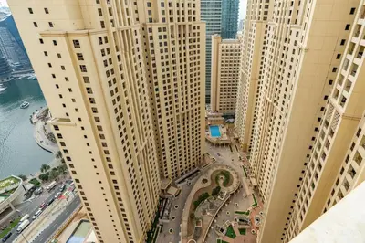an aerial view of a city with tall buildings at White Sage JBR Sadaf Large 1BR on High Floor with two balconies in Dubai