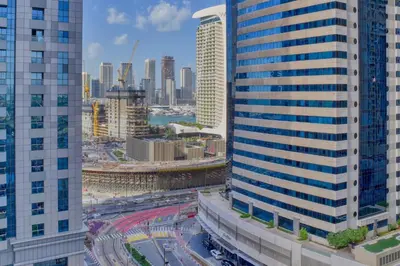 an aerial view of a city with tall buildings at Stylish Large 2BR Apartment in the Heart of Dubai Marina in Dubai