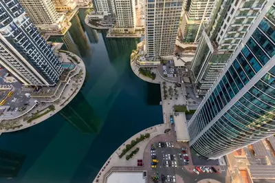 an aerial view of a city with tall buildings at Waves - Nature-Inspired Studio - JLT Skyline Living in Dubai