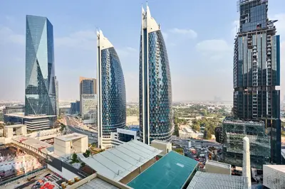 a view of a city skyline with tall buildings at Stylish Studio in the Heart of DIFC in Dubai