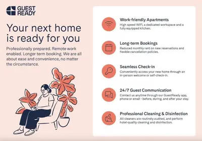 a brochure of a woman sitting in a chair with a plant at GuestReady - 1BR l Elegant City Escape in Dubai