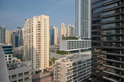 an aerial view of a city with tall buildings at Marcopolo - Relaxing 1BR in Dubai Marina with Huge Balcony in Dubai