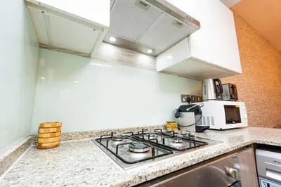a kitchen with a stove and a microwave at Premium 1BR King Bed Dubai Healthcare City in Dubai