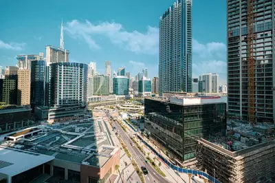 a view of a city with tall buildings and traffic at Luxury 3 Bedroom Apartment, 8 mins from Dubai Mall, Sleeps 6 people in Dubai