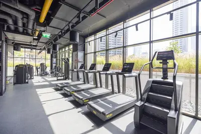 a row of treadmills in a gym with windows at Luxury 3 Bedroom Apartment, 8 mins from Dubai Mall, Sleeps 6 people in Dubai