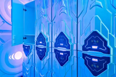 a wall with blue tiles with the intel logo on it at Teremok Holiday Homes in Dubai