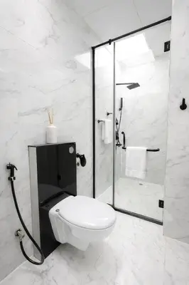a white bathroom with a toilet and a shower at Teremok Holiday Homes in Dubai