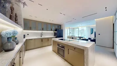 a large kitchen with a sink and a counter at Vacationer l Premium 2 Bedroom l Business Bay l Prime Location in Dubai