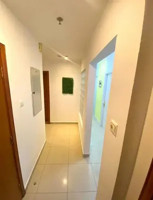 a hallway with white walls and a green painting on the wall at Budget Stay Dubai Tecom Barsha Heights in Dubai