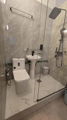 a bathroom with a toilet and a sink and a shower at Partition with attached washroom in Dubai