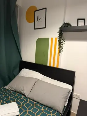 a bed in a room with a green wall at Platinum Budget Stay Dubai In Tecom Near Metro in Dubai
